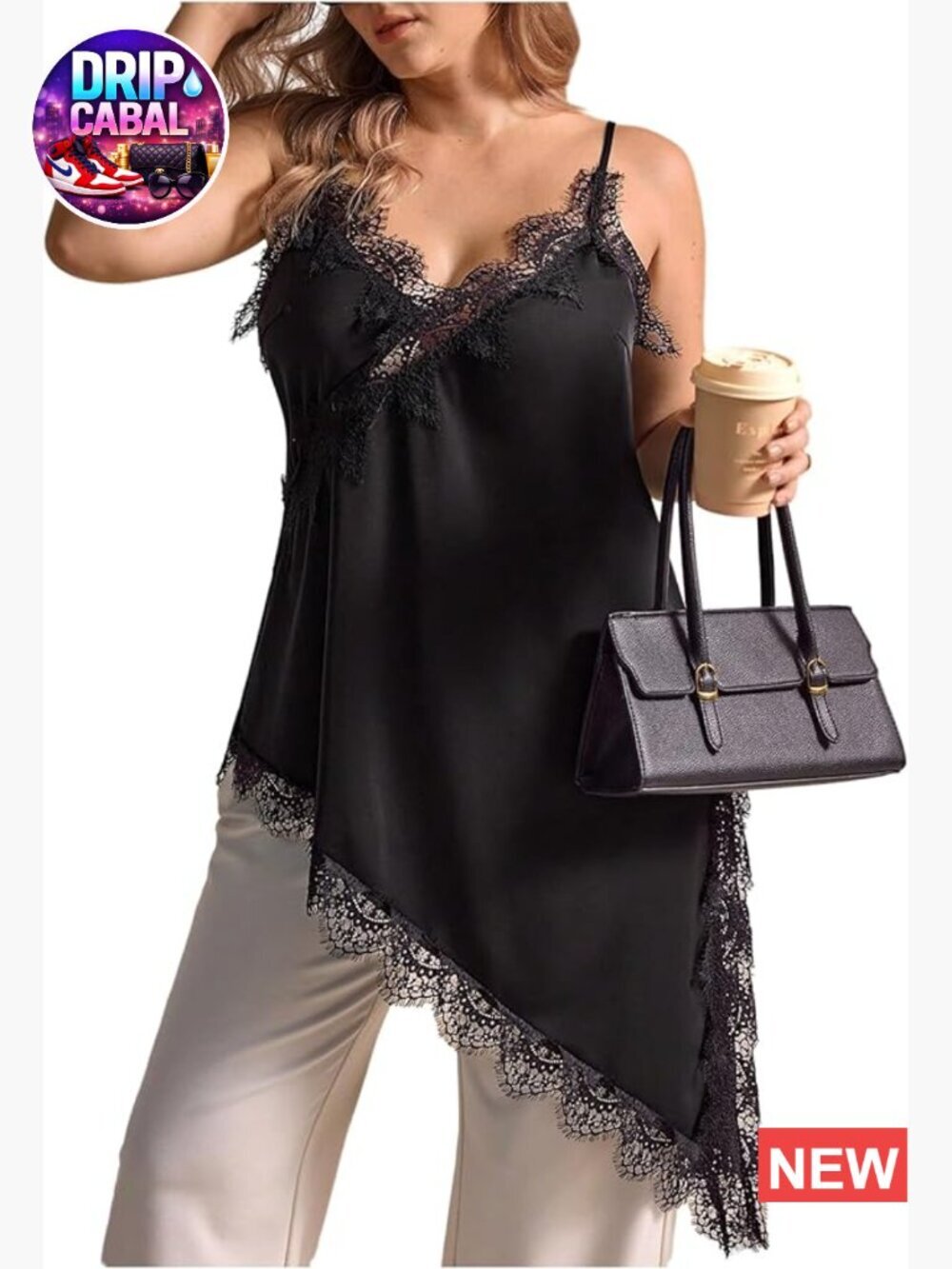 Plus Size Satin Lace Trim Cami V Neck Side Slit Asymmetrical Long Tank Camisole